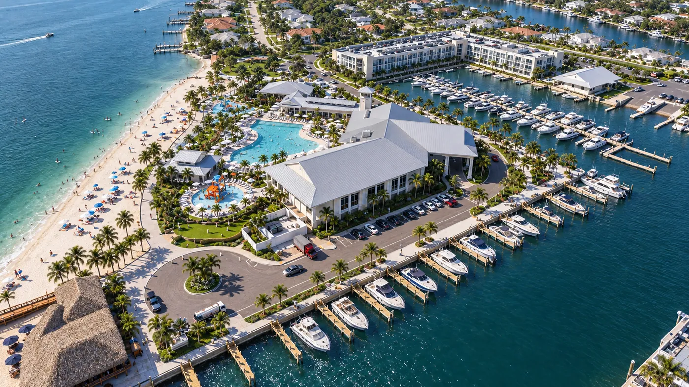 Rendering of the rebuilt Cape Coral Yacht Club with its beach, Boathouse and marina