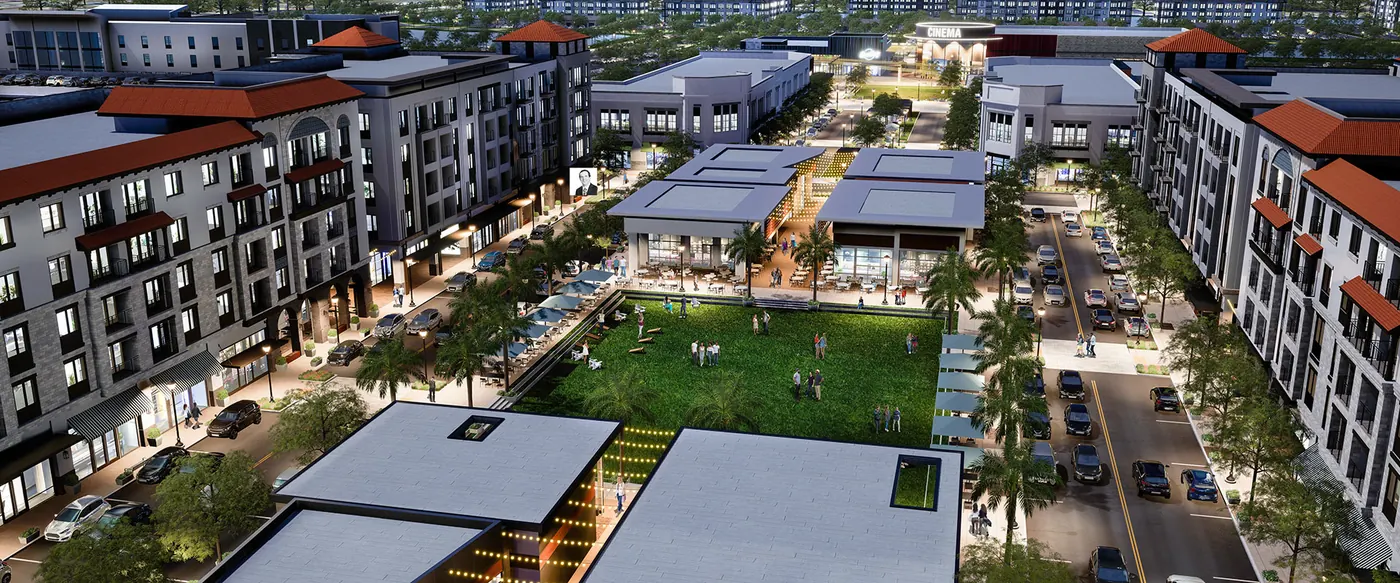 Rendering of Cape Coral Grove, a mixed-use town center with a green lawn and cinema