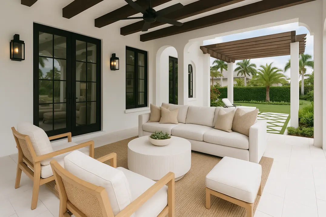 Covered lanai with white outdoor sofas and a coffee table