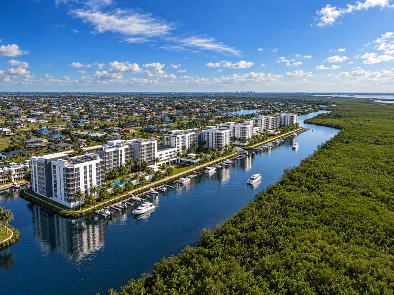 Waterfront homes and boats along a mangrove-lined waterway in Northwest Cape Coral
