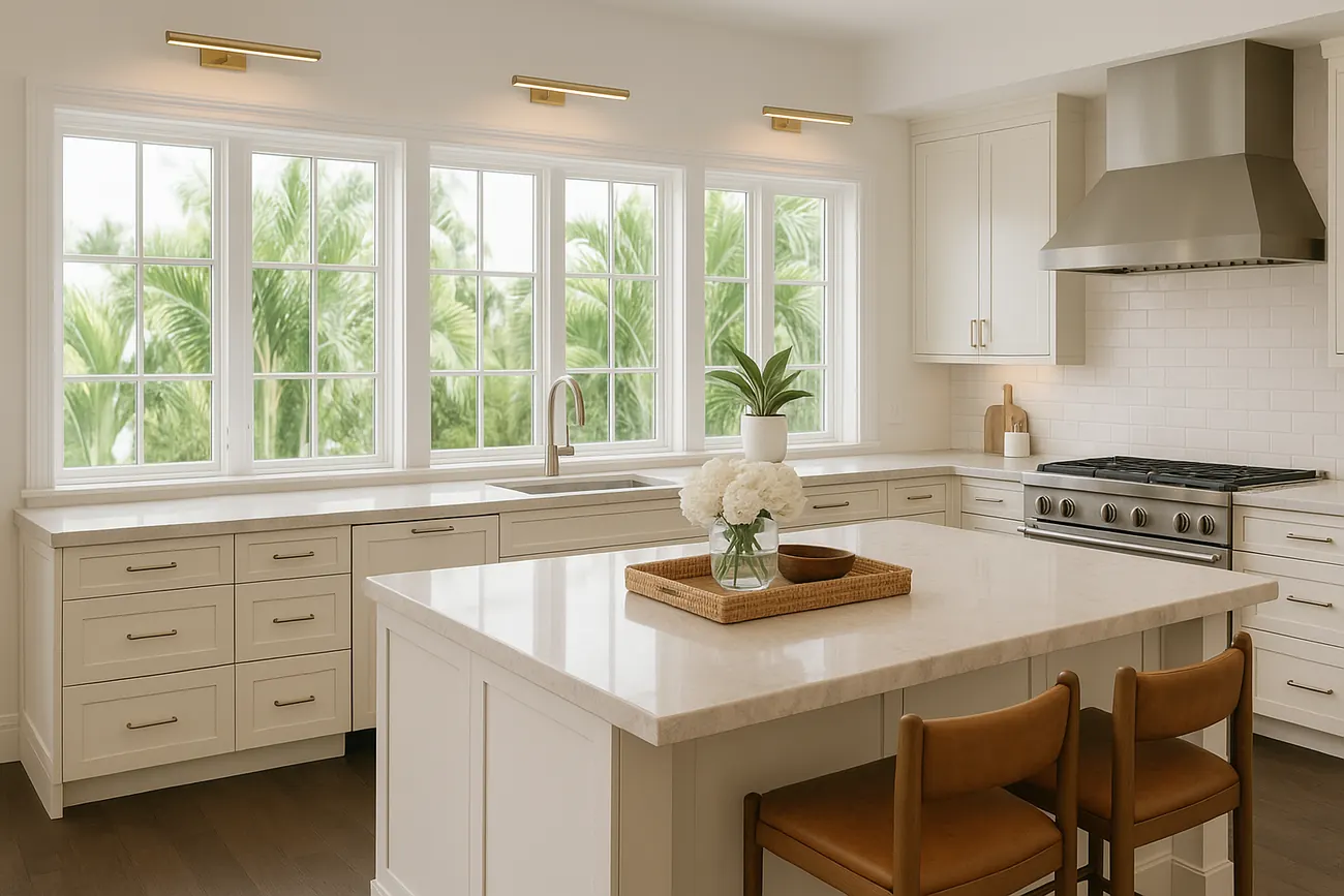 White kitchen with an island and tall windows looking out to palms